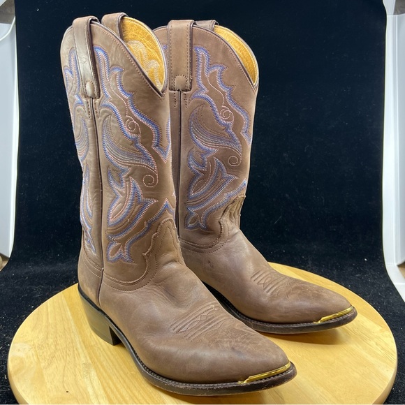 Nocona Brown/Pink/Blue Leather Western Cowgirl Boots Women's Size 7B - Picture 3 of 9